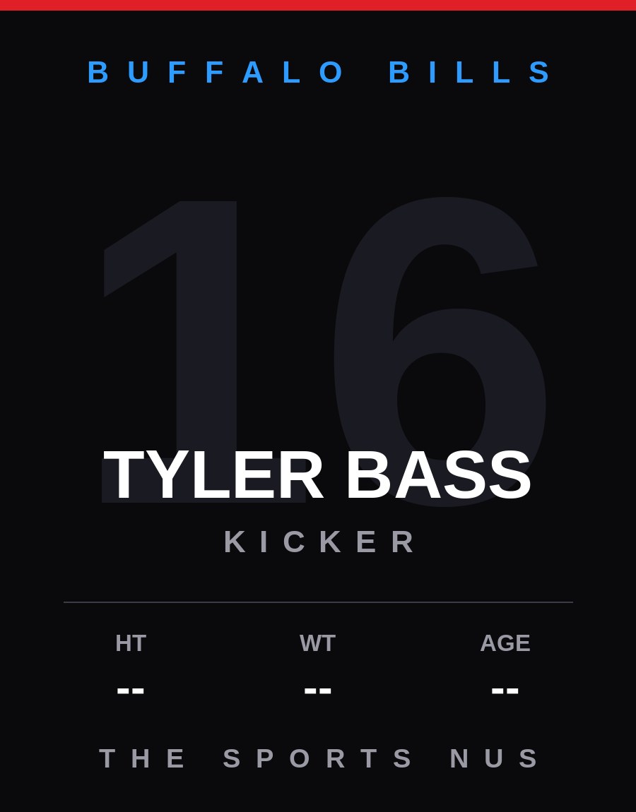 Tyler Bass player card: Buffalo Bills kicker, number 16