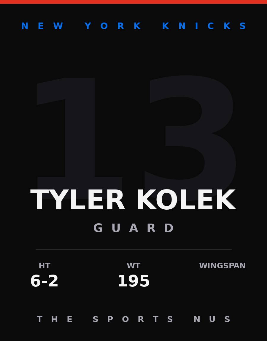 Tyler Kolek player card: New York Knicks guard, number 13