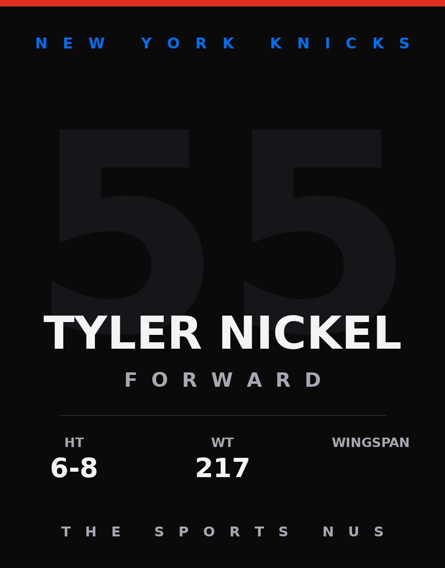 Tyler Nickel player card: New York Knicks forward, number 55