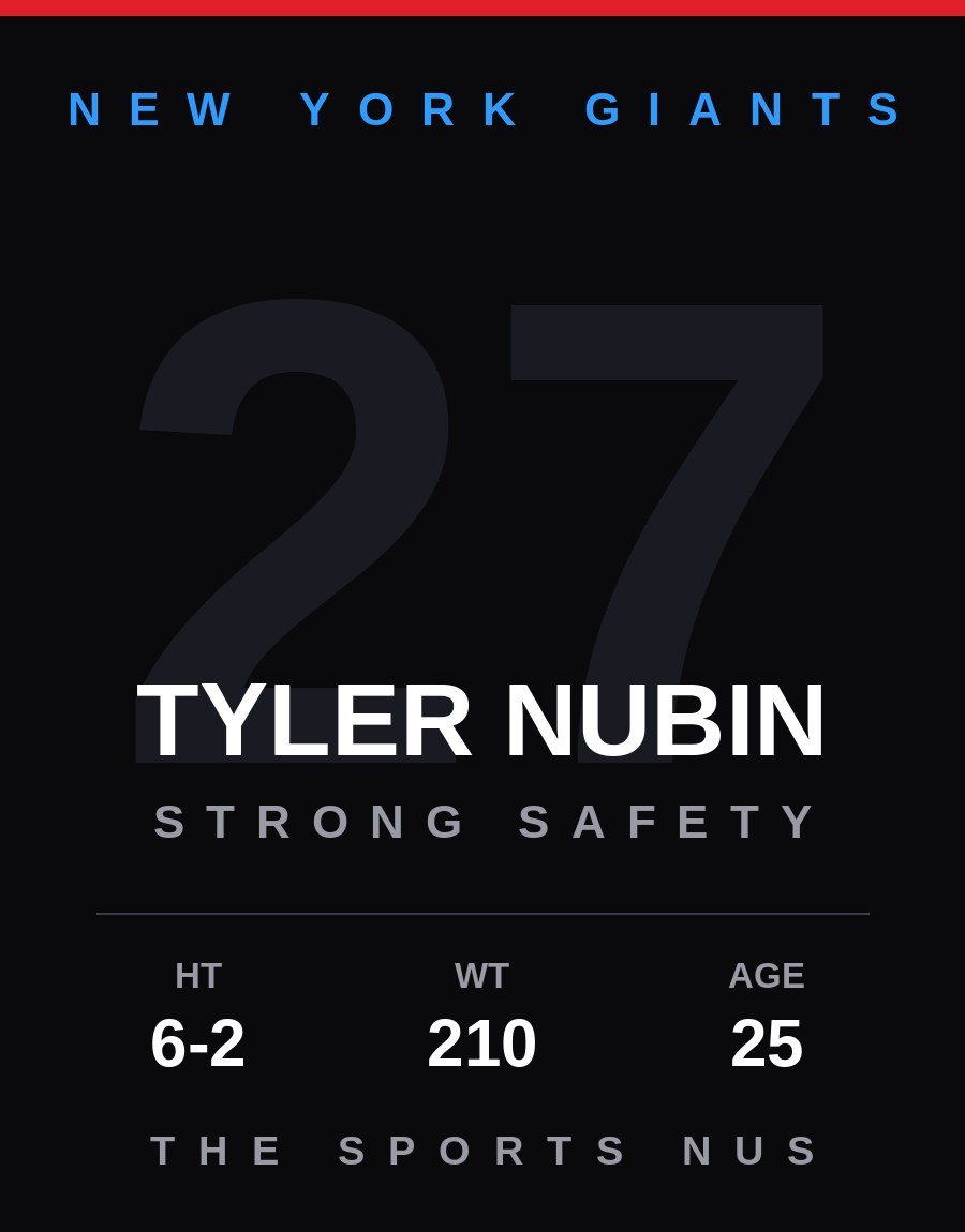 Tyler Nubin player card: New York Giants strong safety, number 27