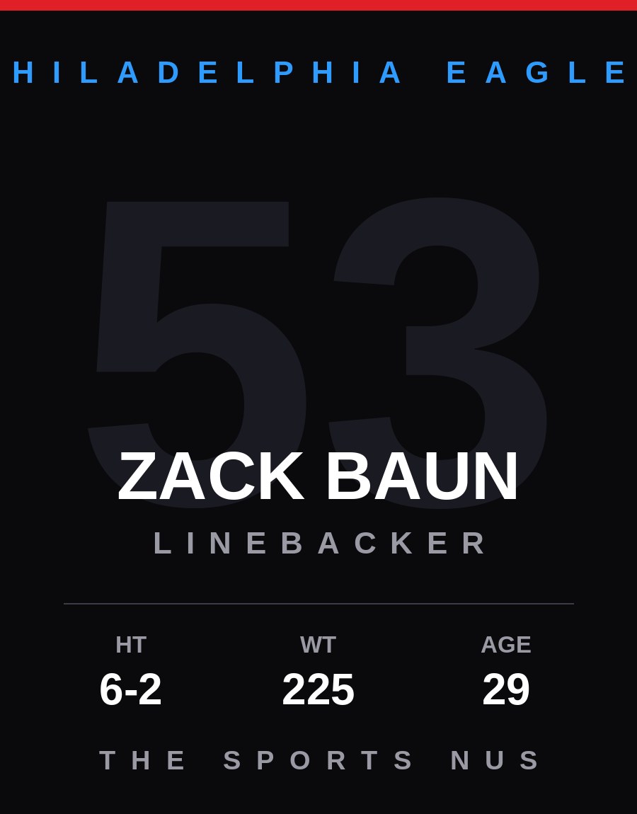 Zack Baun player card: Philadelphia Eagles linebacker, number 53