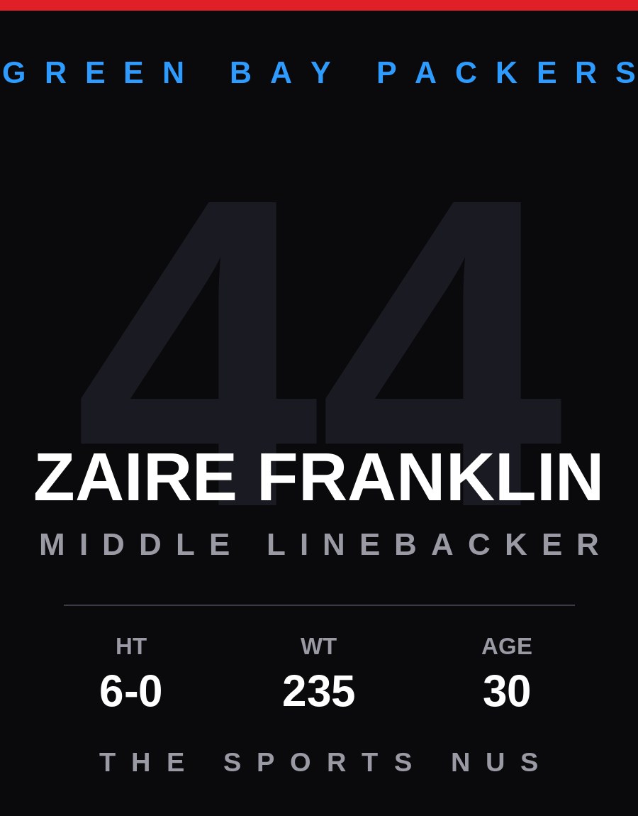 Zaire Franklin player card: Green Bay Packers middle linebacker, number 44