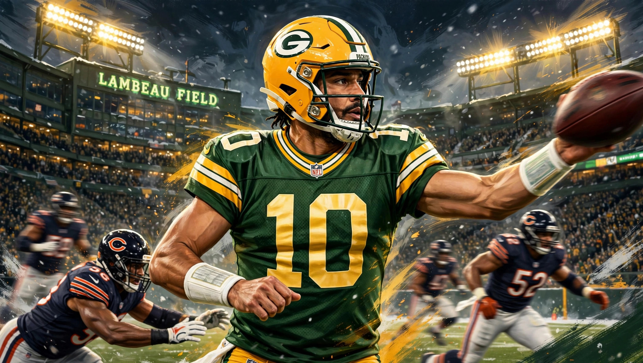 Illustration of Jordan Love throwing at Lambeau Field against the Bears