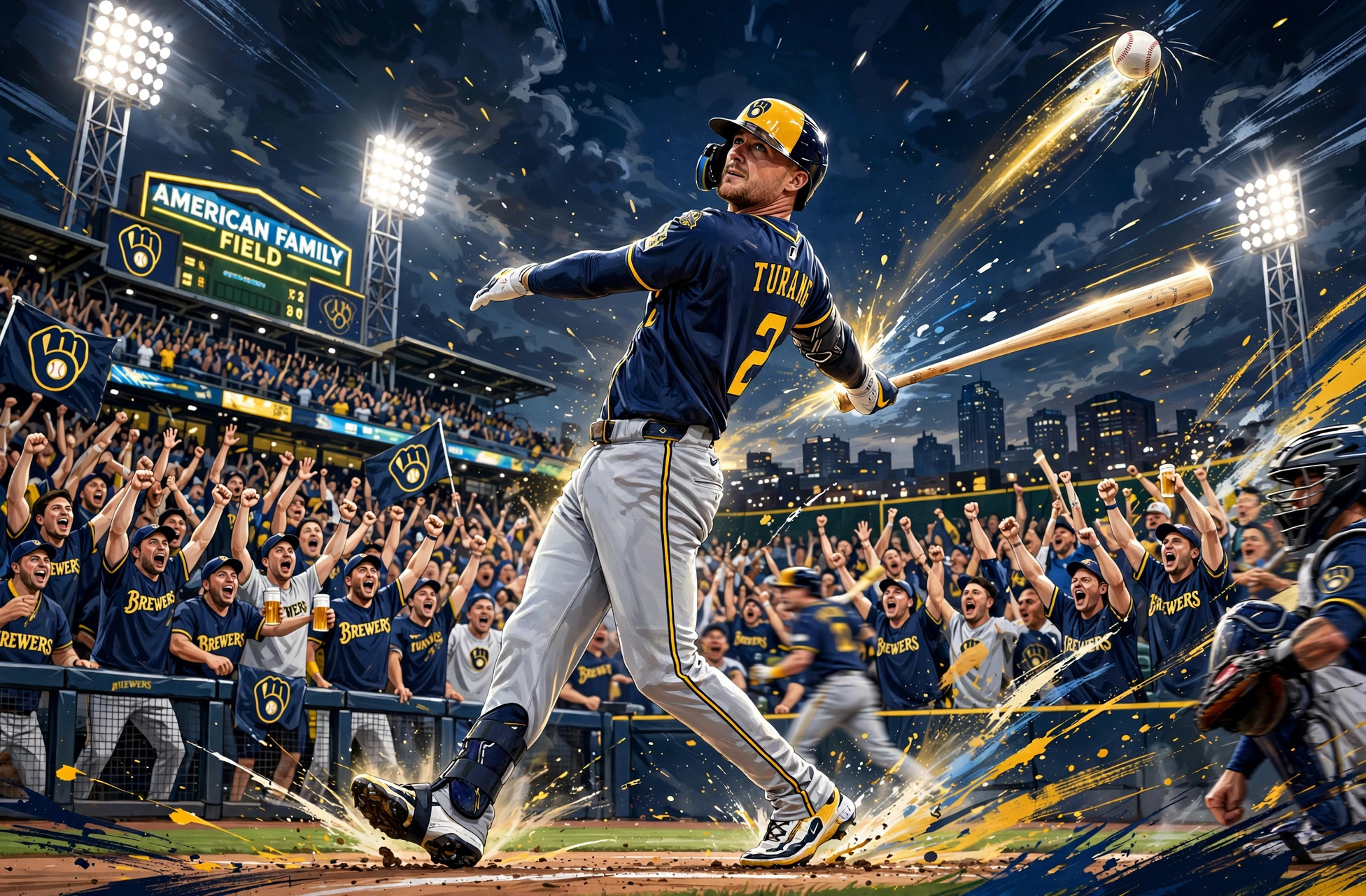 Illustration of Brice Turang hitting a home run for the Brewers