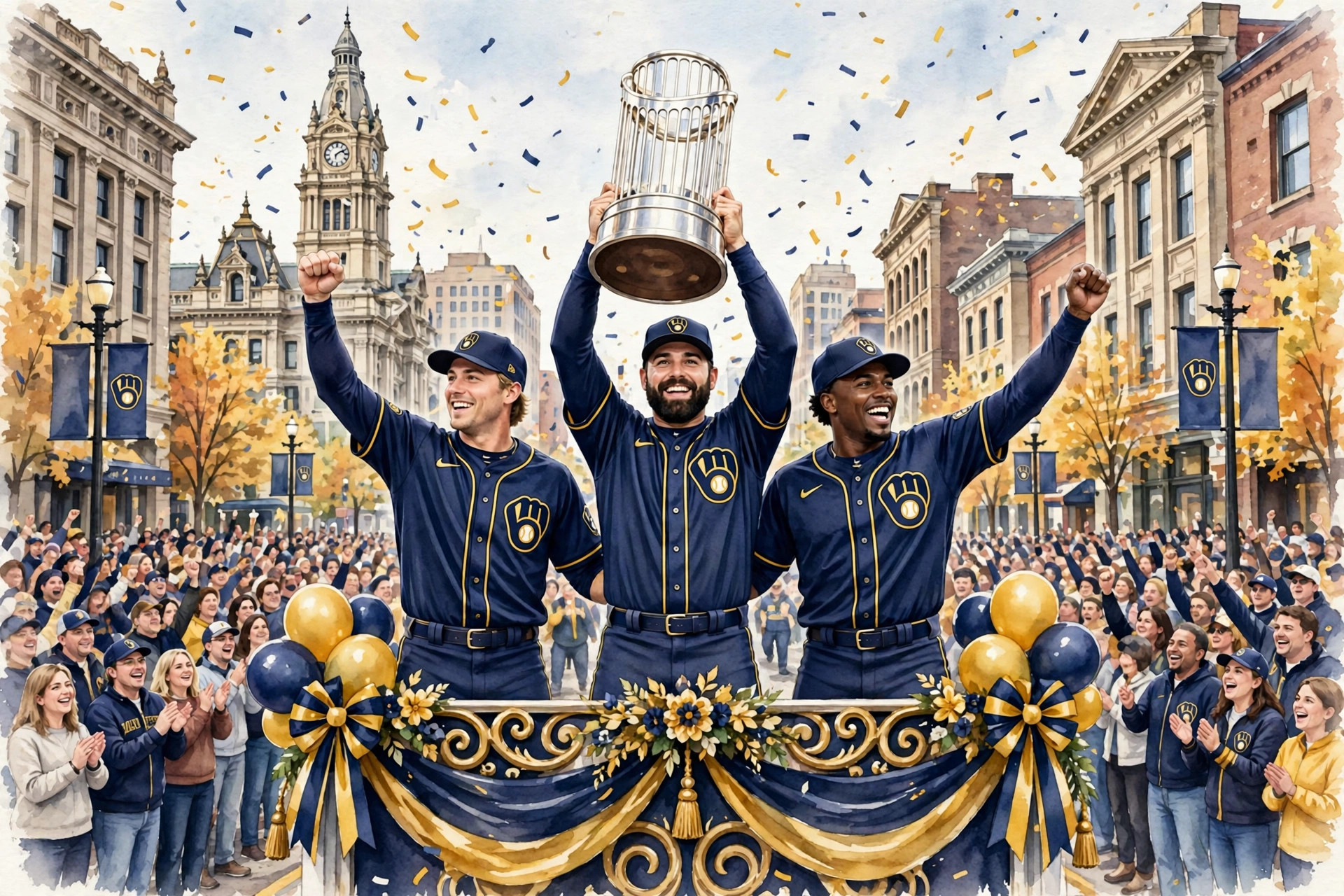 Milwaukee Brewers players celebrating with the championship trophy on a parade float in downtown Milwaukee