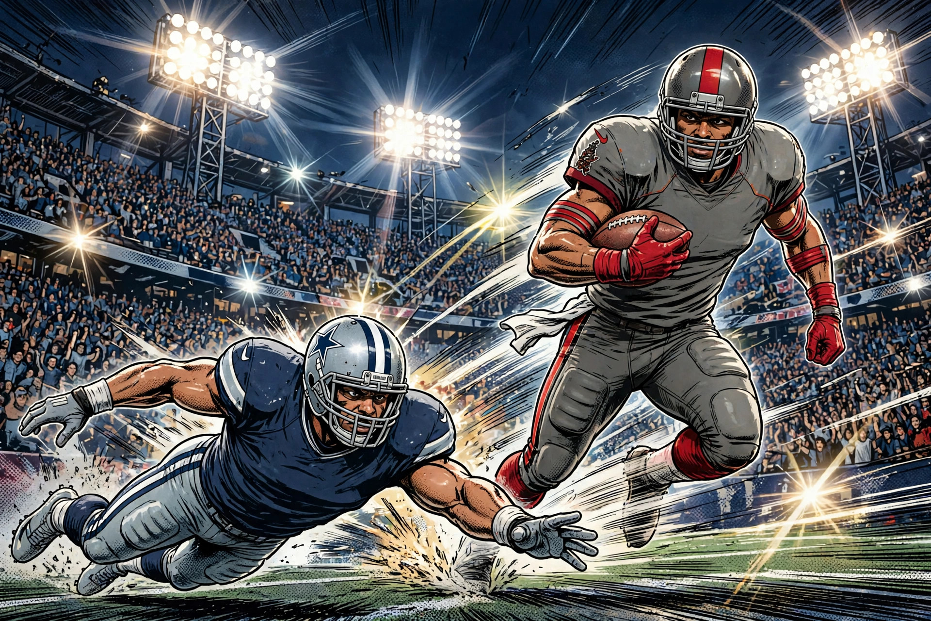 Illustration of a Buccaneers ball carrier breaking away from a diving Cowboys defender under Thursday night lights