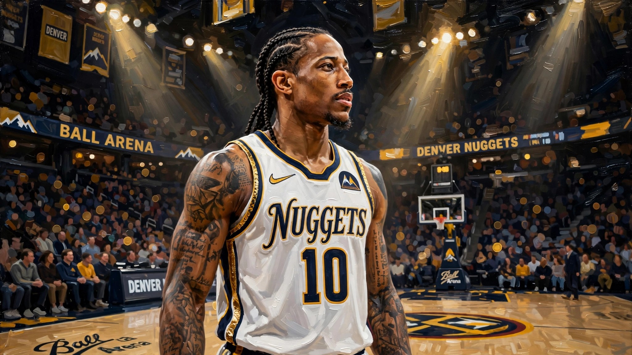 Illustration of DeMar DeRozan in a Denver Nuggets jersey at Ball Arena.