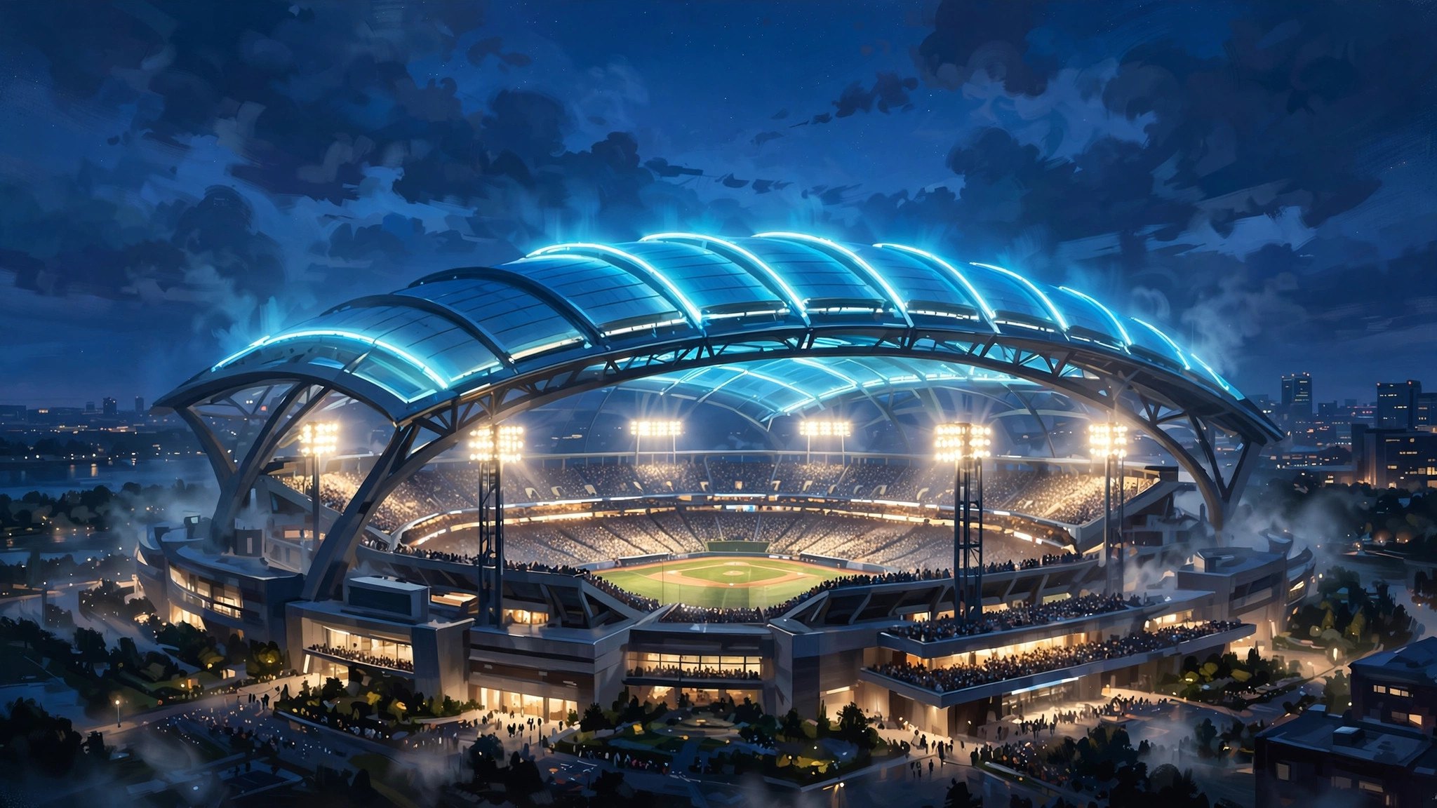 Illustration of a packed night baseball stadium with a glowing retractable roof