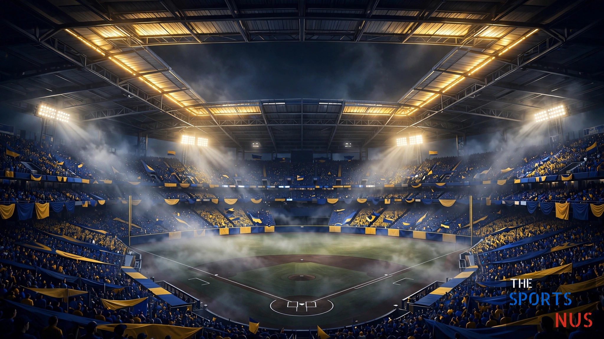 Illustration of a packed night baseball stadium with a glowing retractable roof in playoff atmosphere