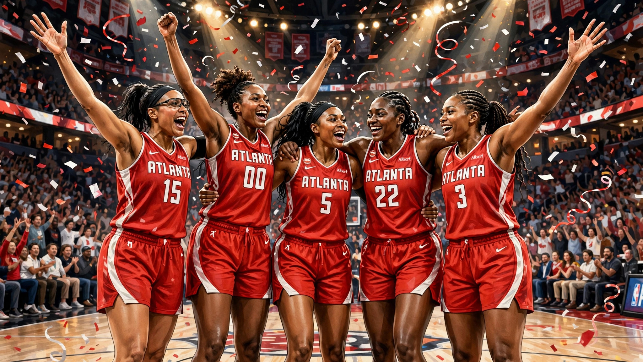 Illustration of Atlanta Dream players celebrating a playoff series-clinching win