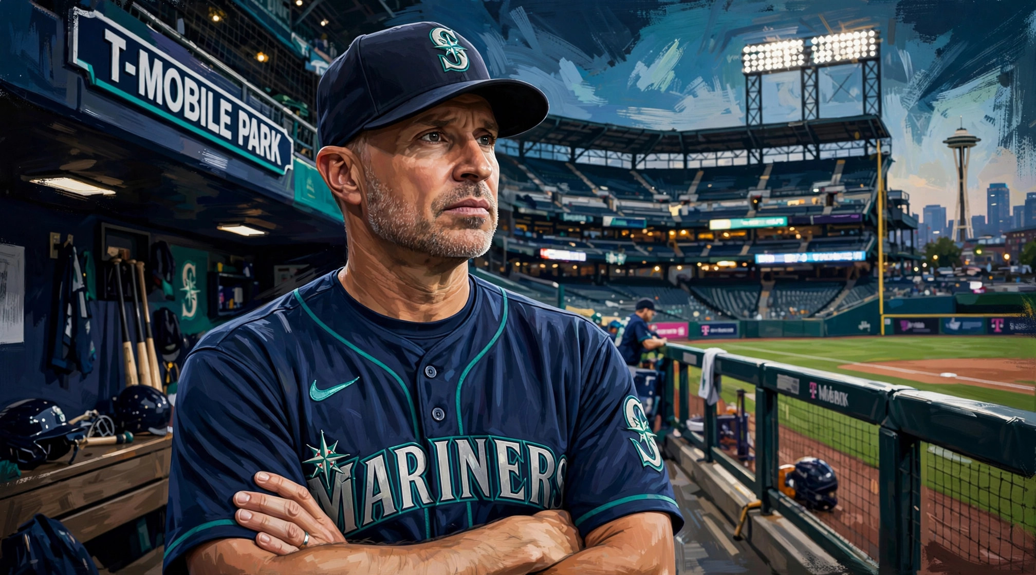 Illustration of Joe Espada in a Seattle Mariners uniform in the dugout at T-Mobile Park