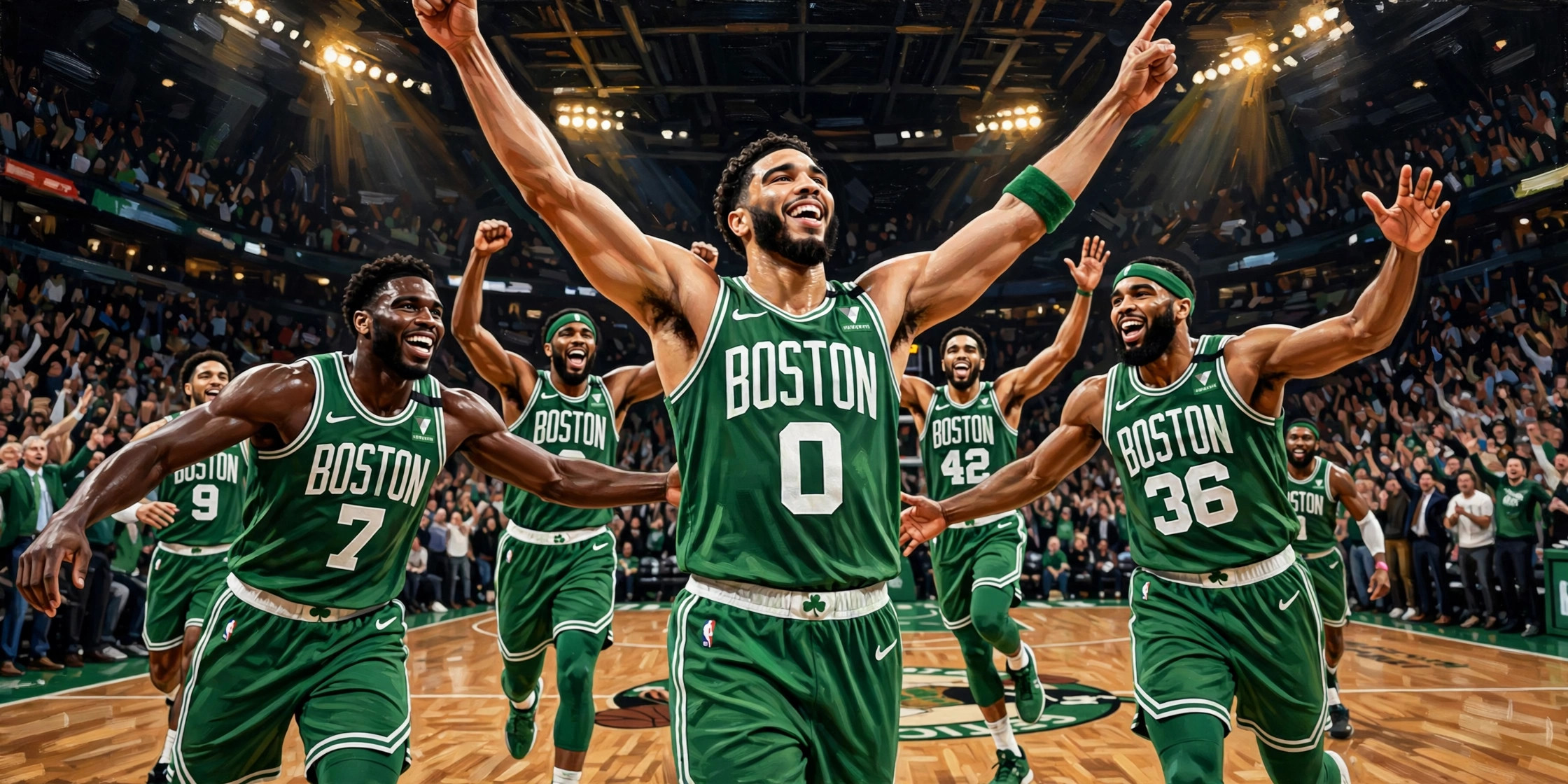 Jayson Tatum in a Boston Celtics jersey celebrates a game-winning shot with teammates