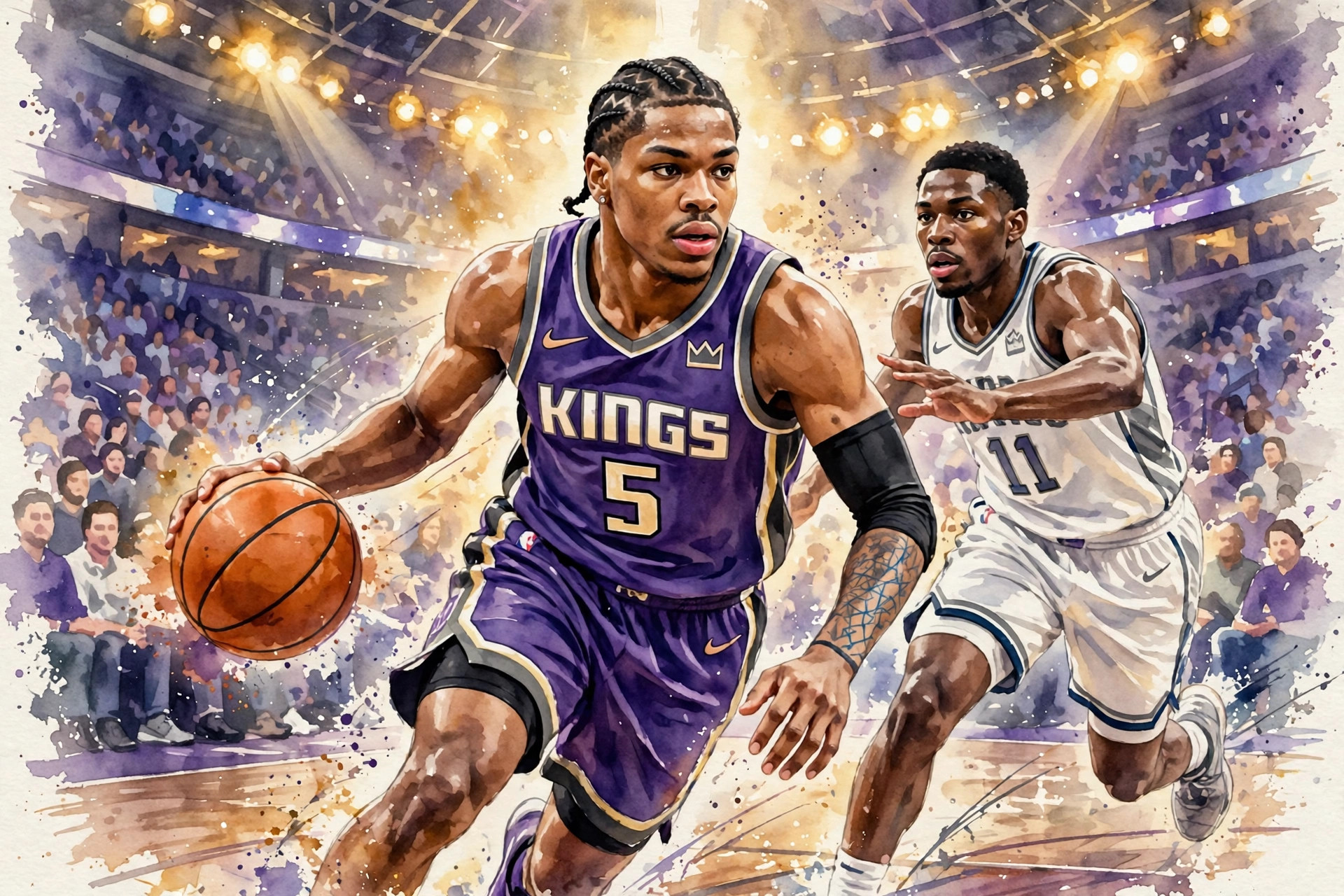 Sacramento Kings rookie guard Darius Acuff Jr. driving with the basketball in an NBA arena
