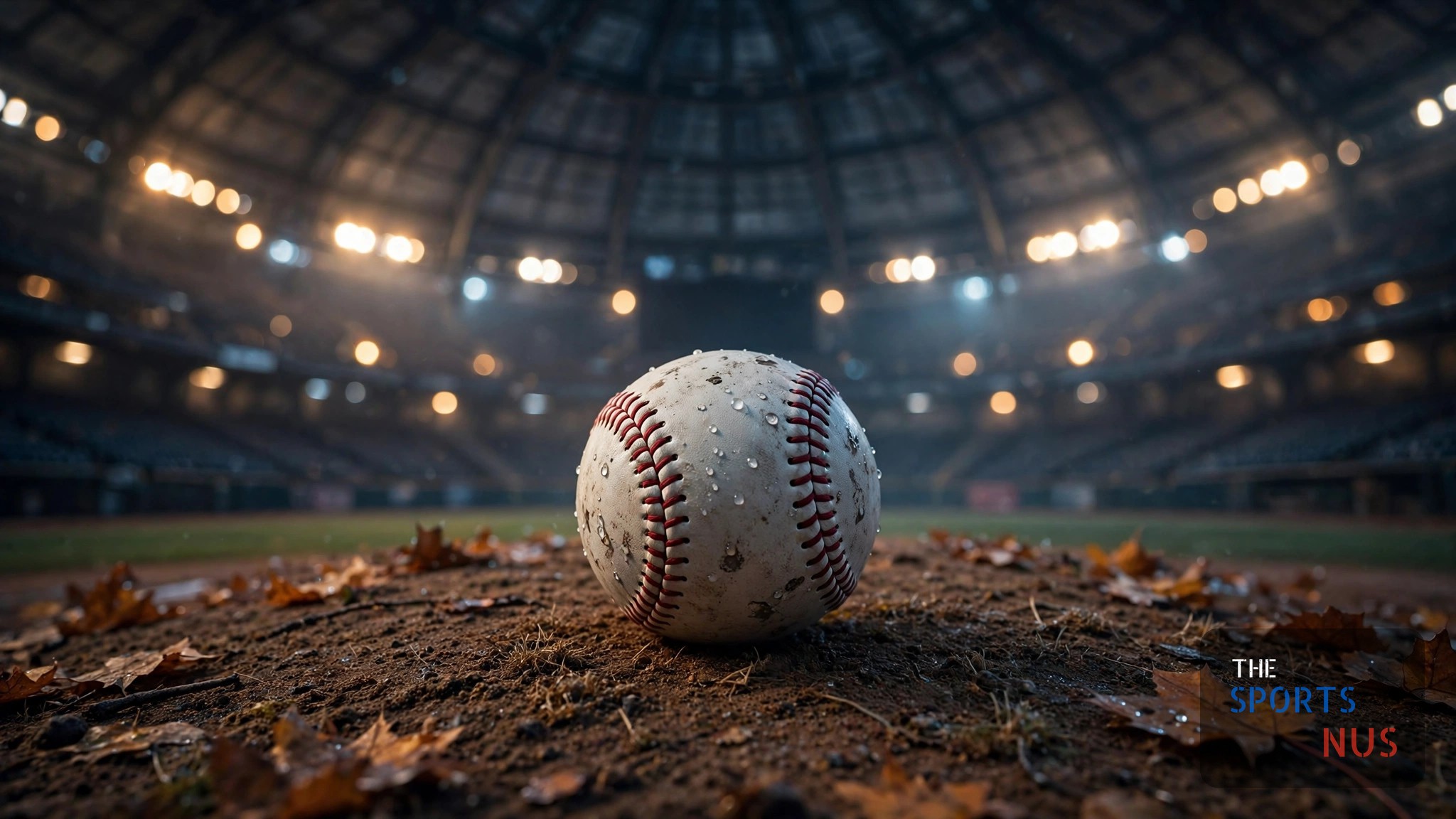 Illustration of a baseball on the pitcher's mound at night inside a domed stadium