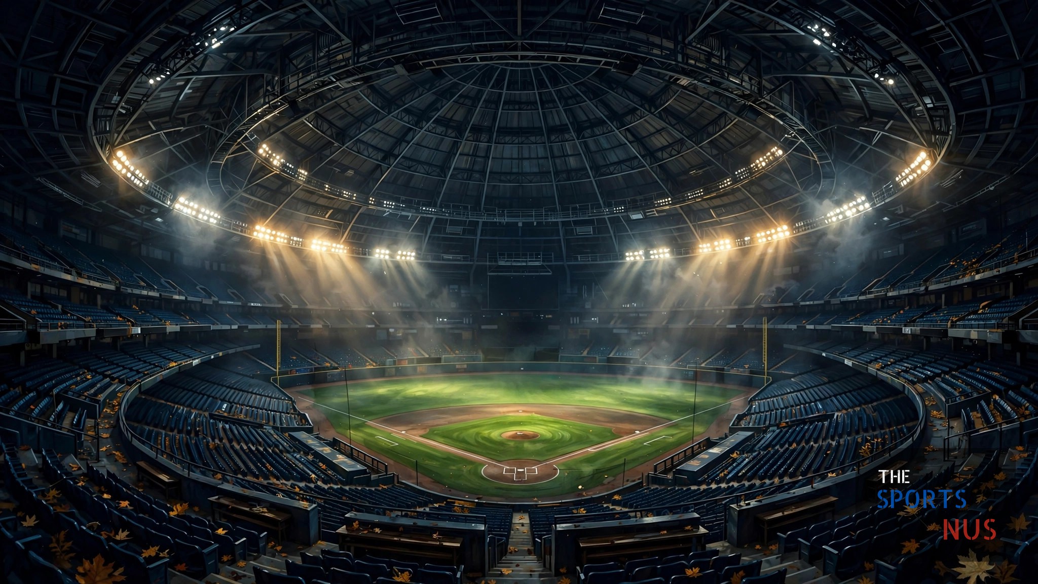 Illustration of a domed baseball stadium at night with the field glowing under the roof