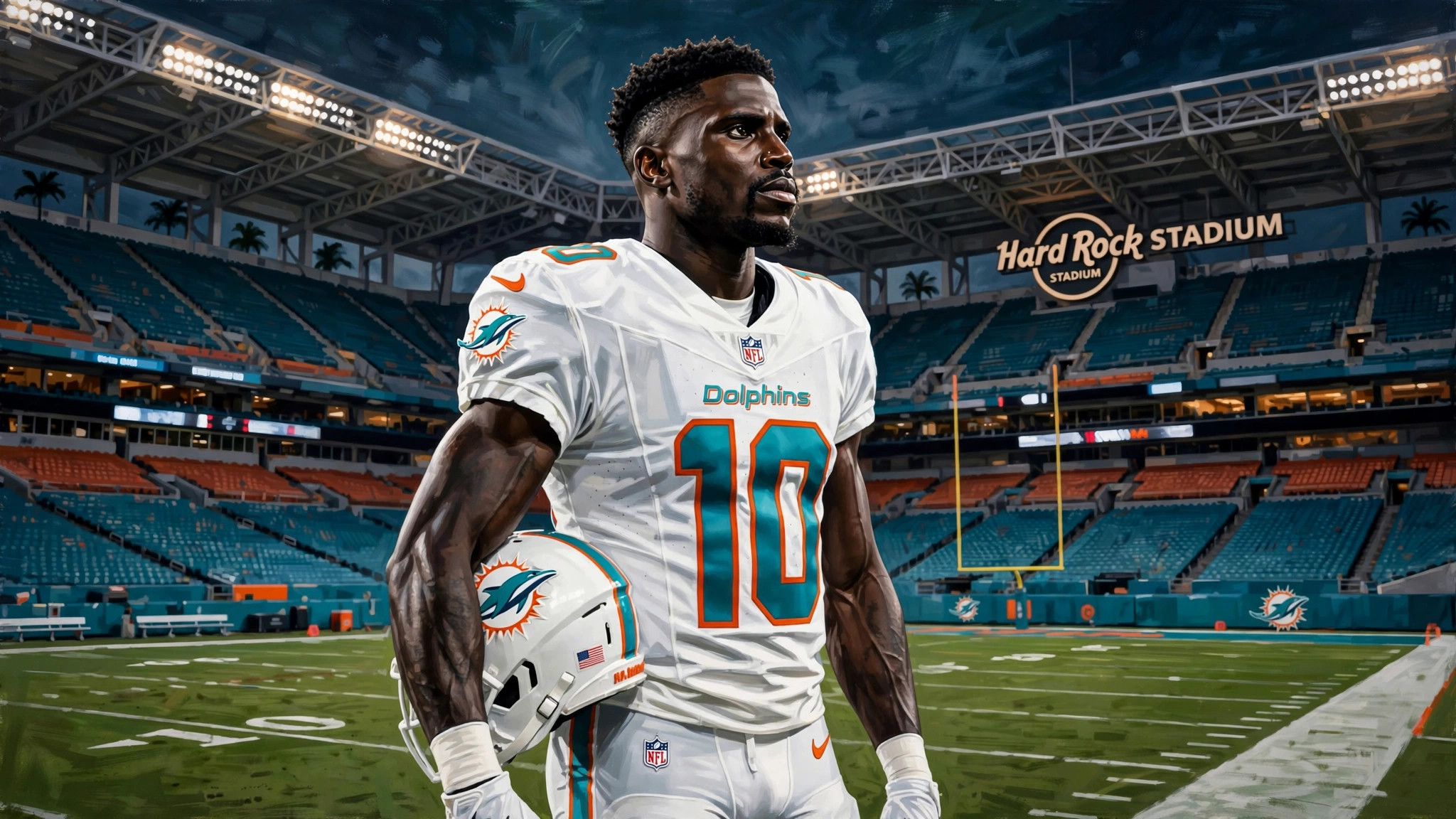 Illustration of Tyreek Hill standing alone at Hard Rock Stadium