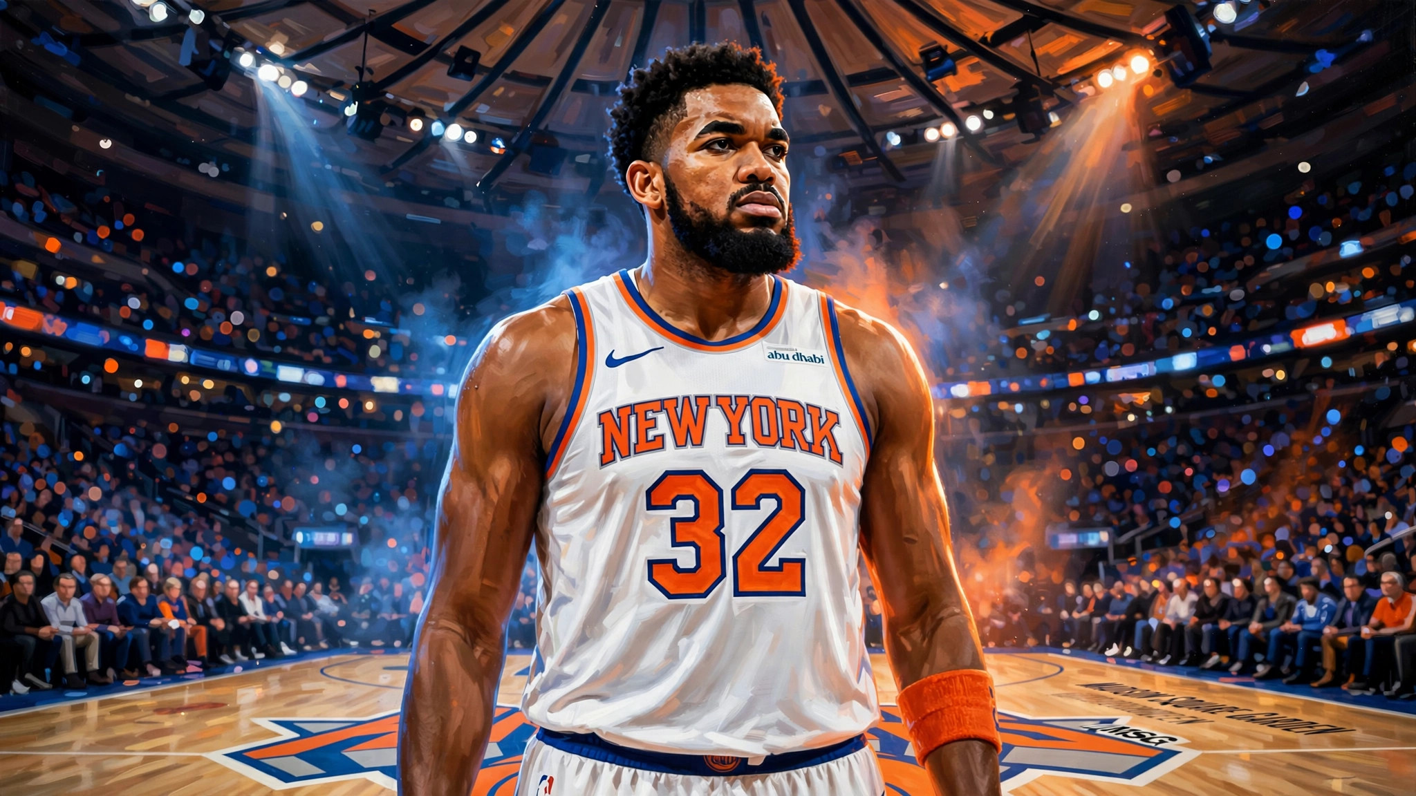 Illustration of Karl-Anthony Towns in a white New York Knicks number 32 jersey at Madison Square Garden.