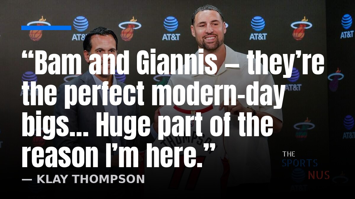 Klay Thompson holding his No. 11 Miami Heat jersey with Erik Spoelstra