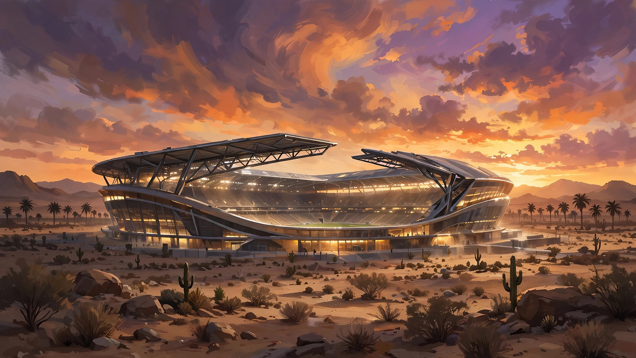 Illustration of a desert football stadium at sunset
