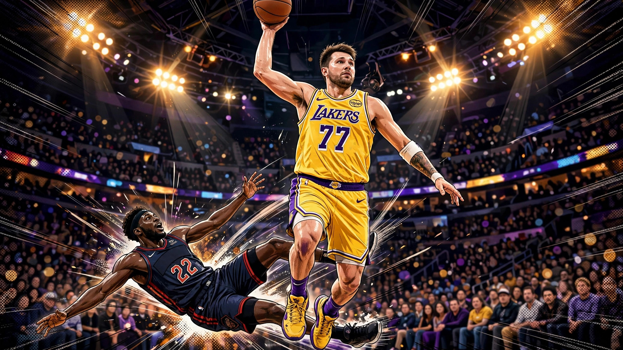 Luka Doncic driving past a defender in a Lakers uniform