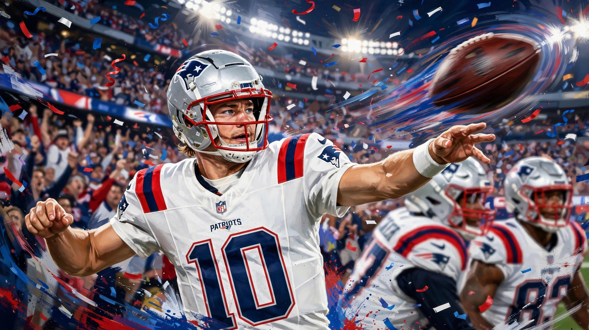 Illustration of Drake Maye throwing for the Patriots
