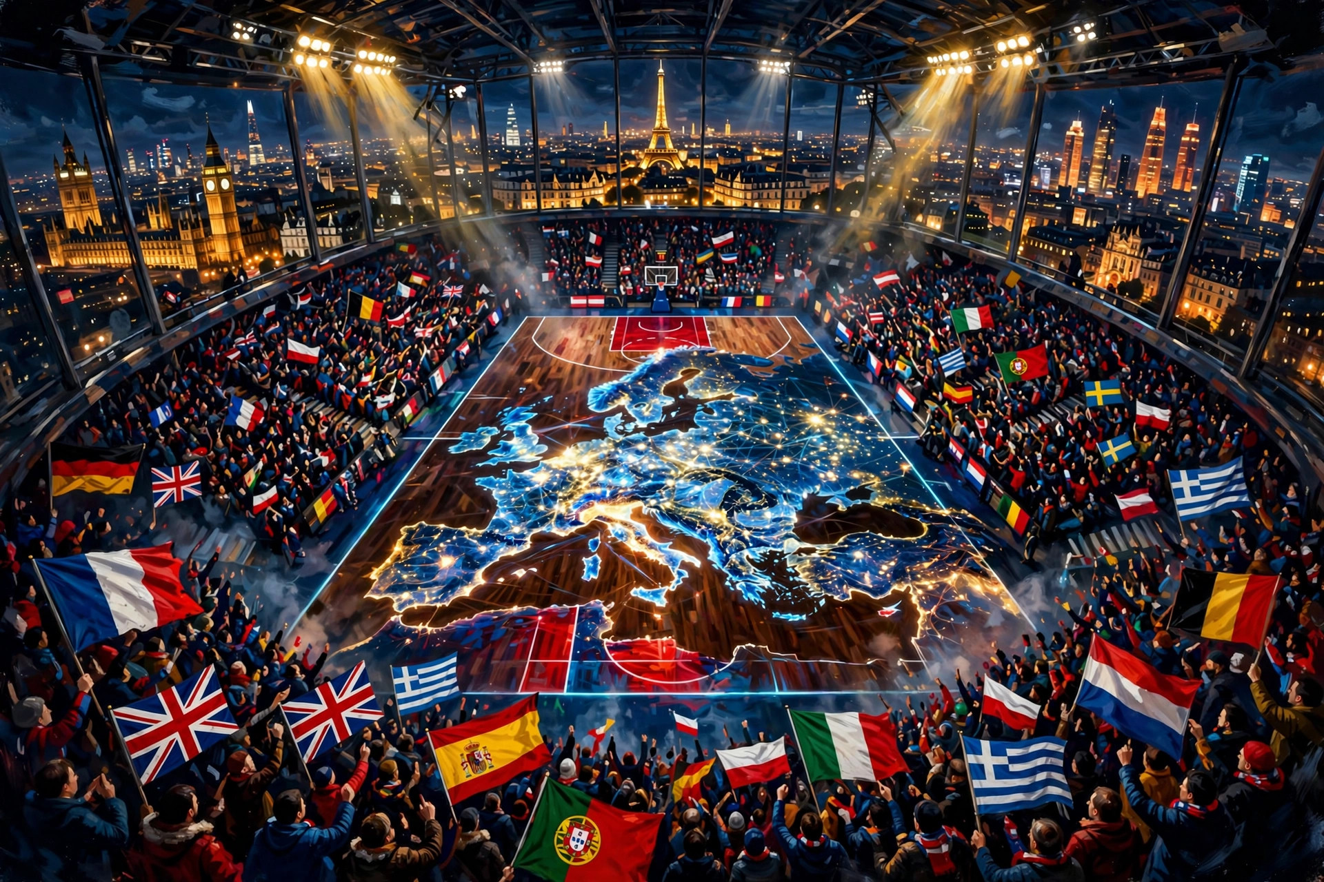 Illustration of a European basketball arena with NBA Europe branding