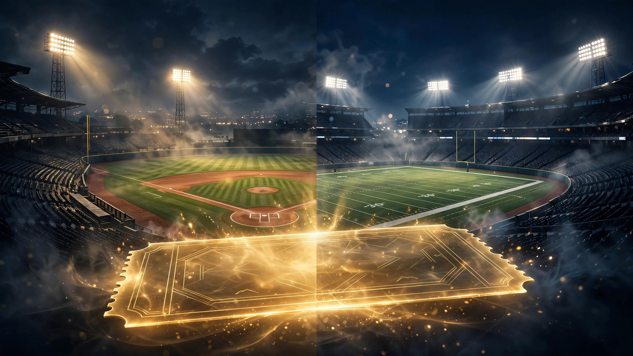 Illustration of a glowing parlay ticket over night baseball and football stadiums