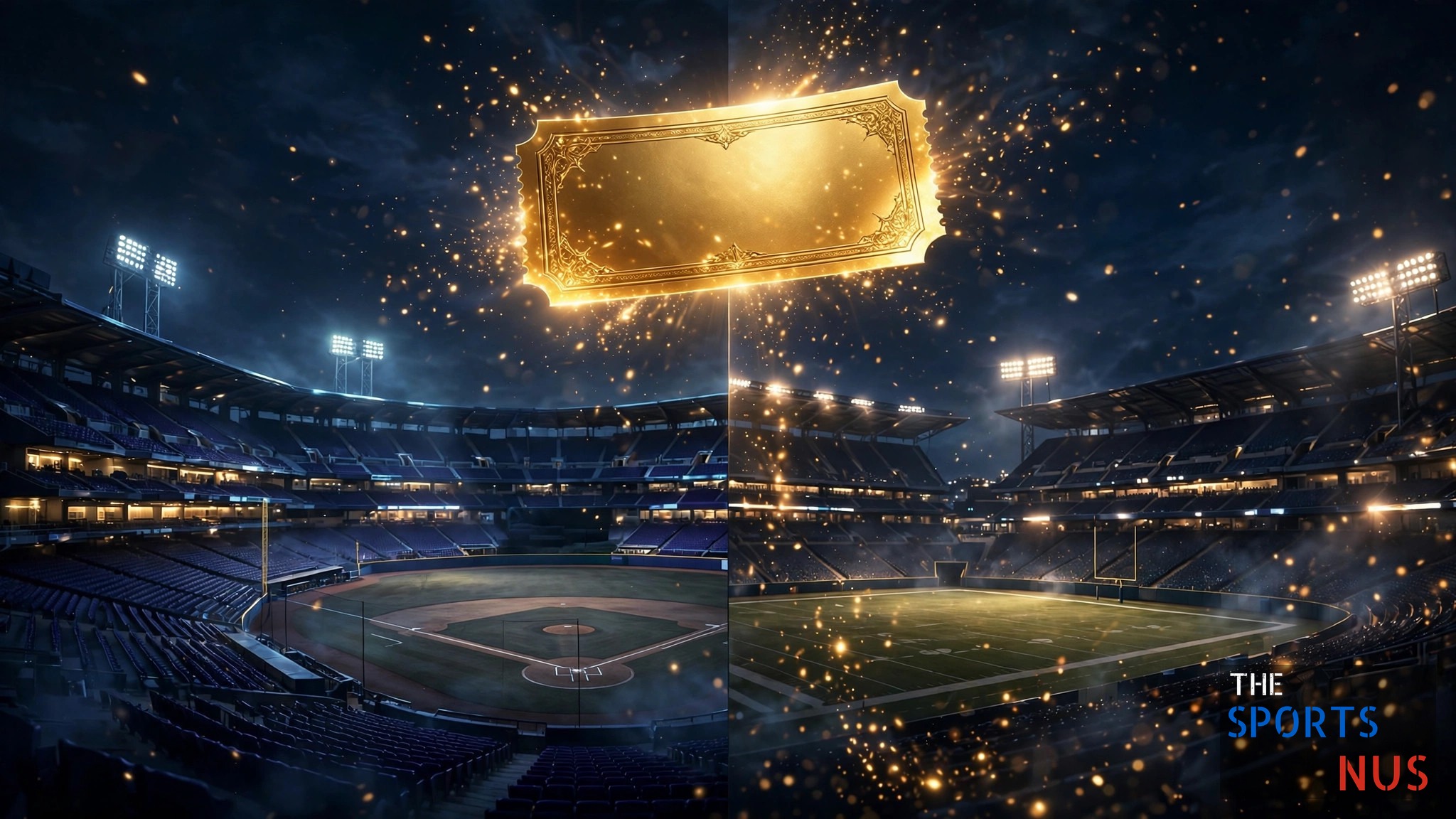 Illustration of a glowing betting ticket floating over night baseball and football stadiums