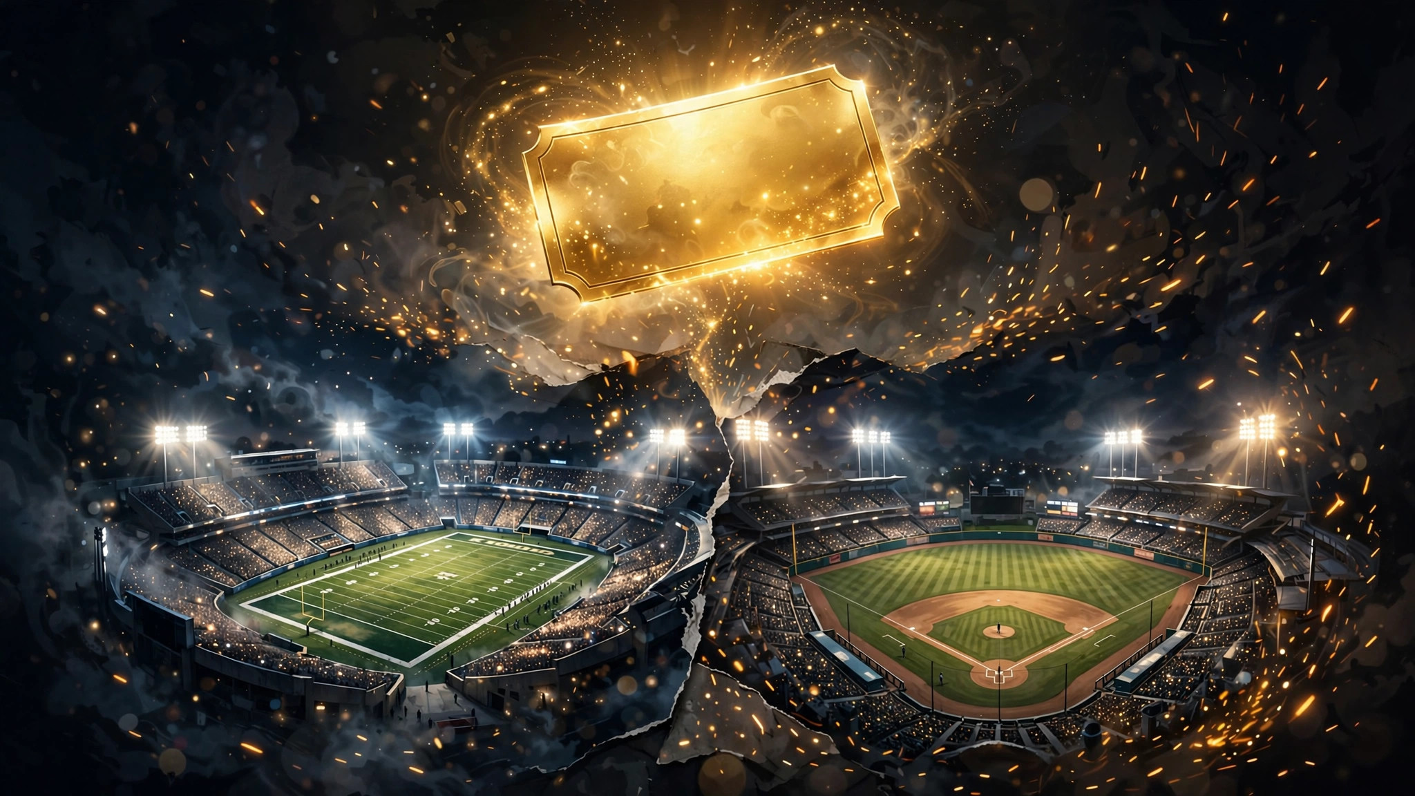 Illustration of a glowing betting ticket floating over night football and baseball stadiums