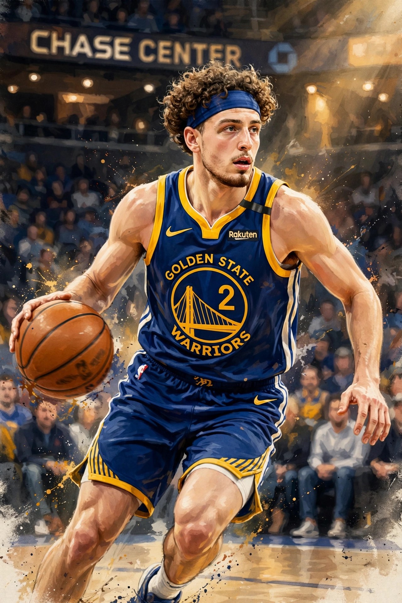 Illustration of Brandin Podziemski in a Warriors uniform dribbling at Chase Center
