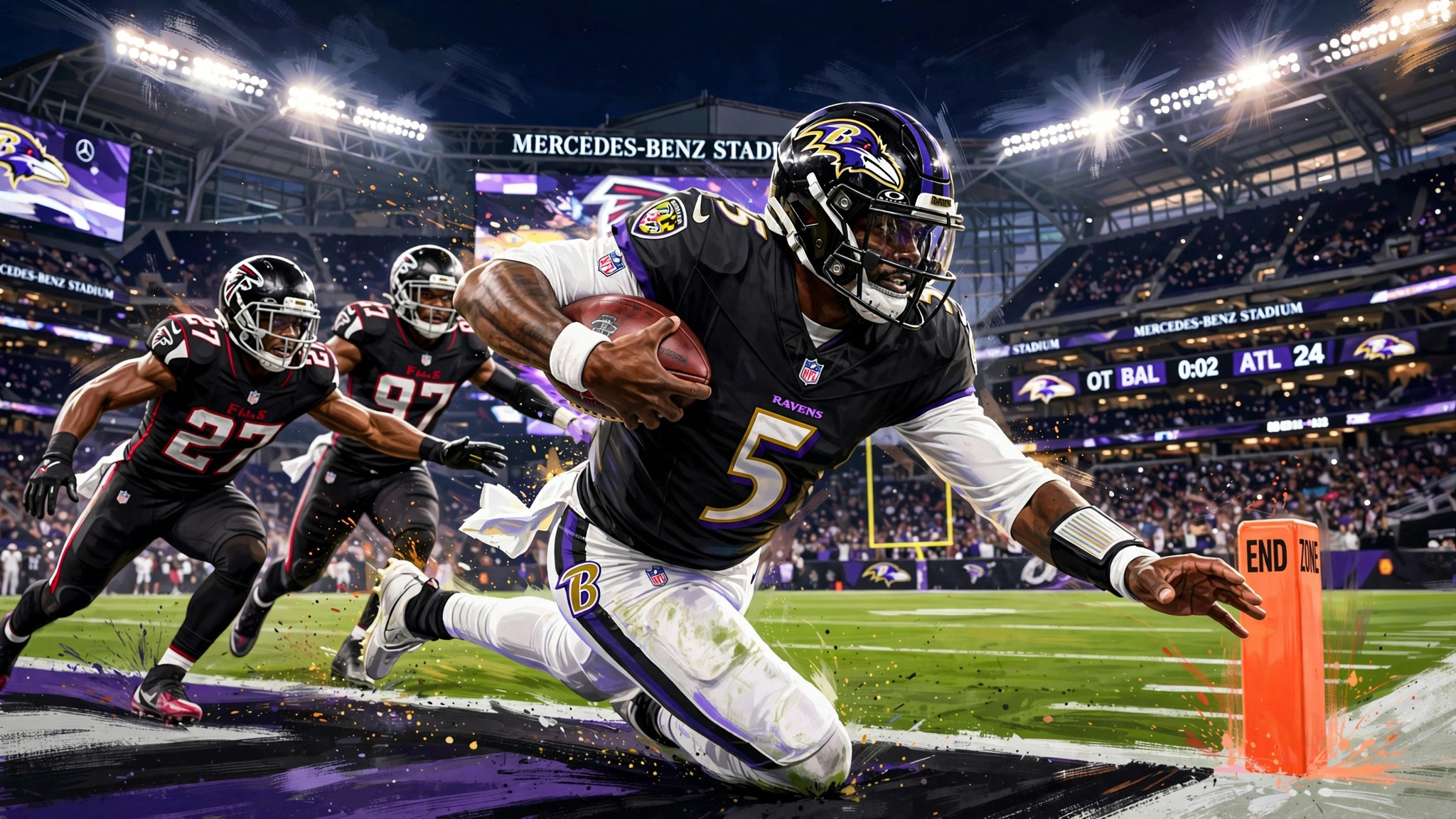 Illustration of Tyler Huntley diving for the overtime touchdown