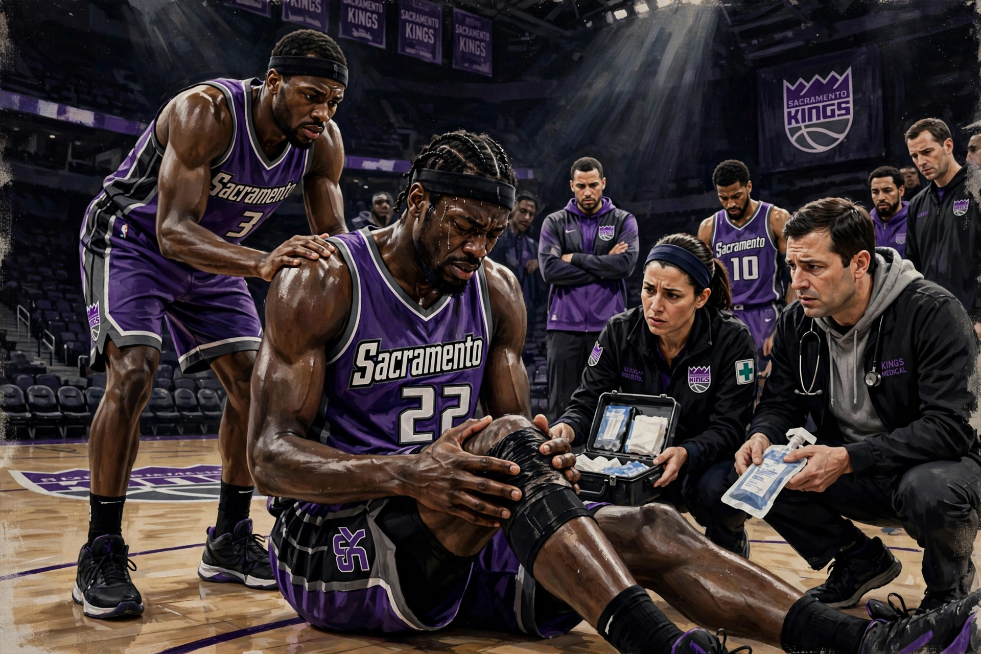 Illustration of Kings center Maxime Raynaud on the court holding his knee