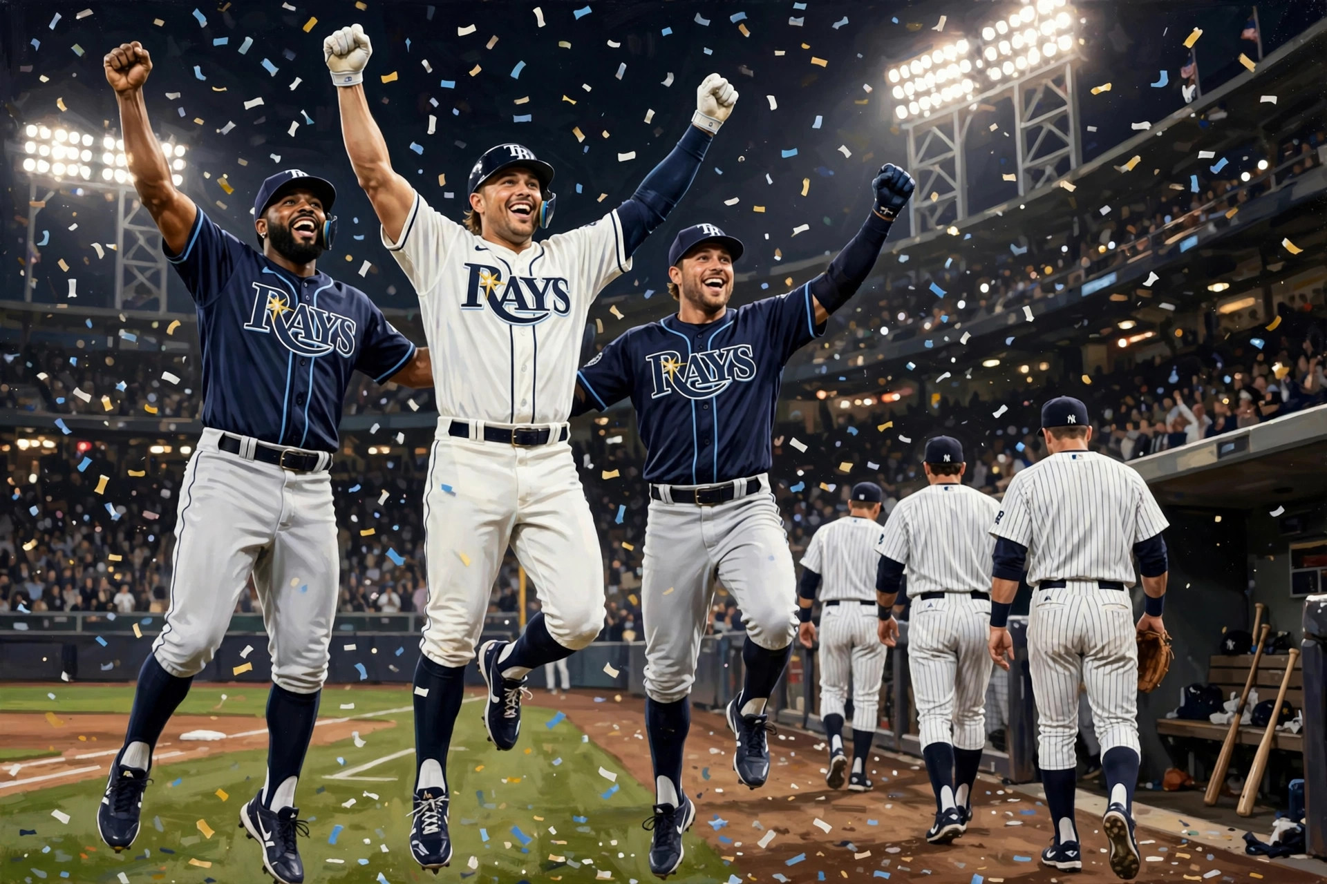 Illustration of Tampa Bay Rays players celebrating a playoff series win while Yankees players walk dejectedly to the dugout