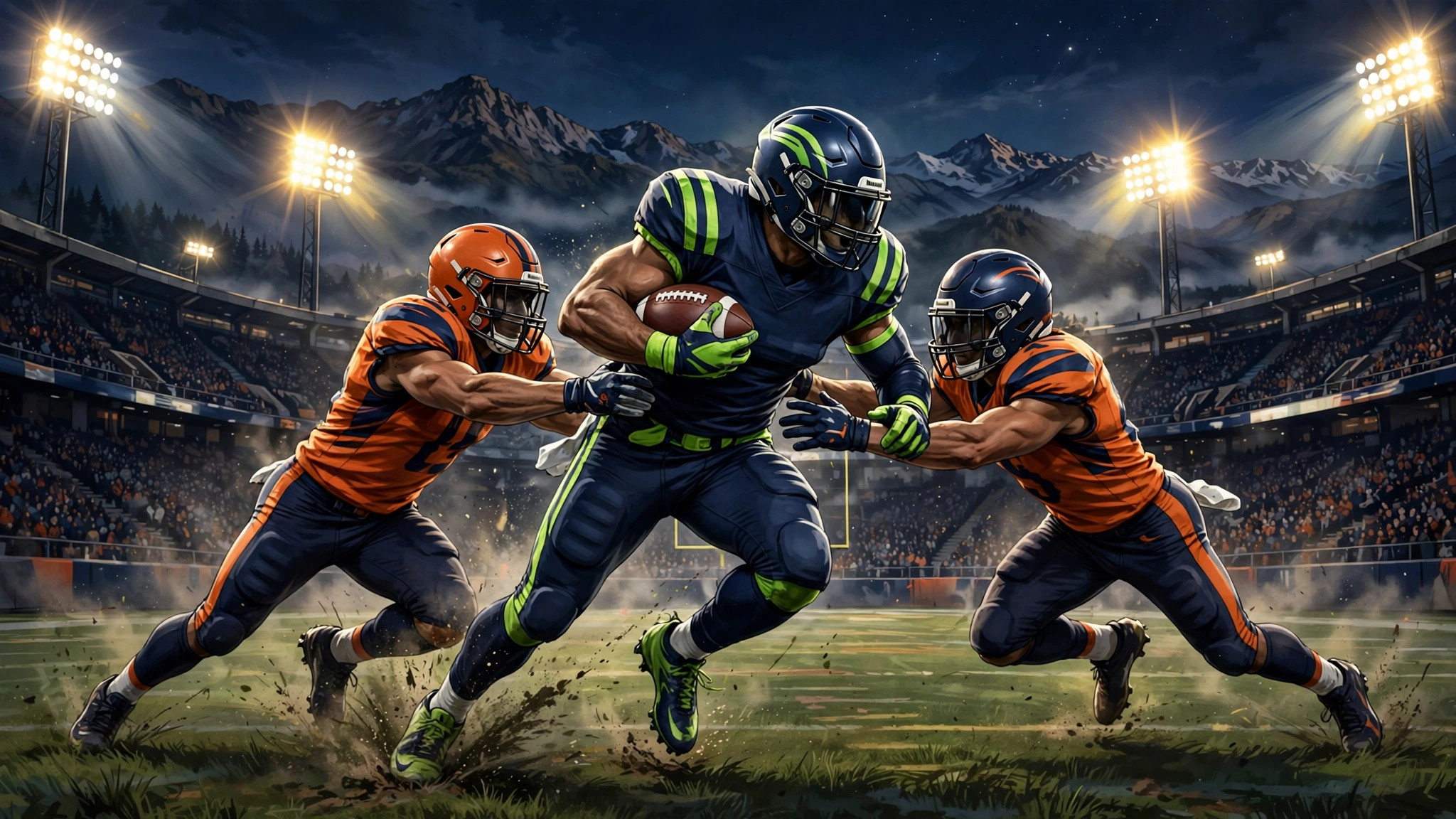 Illustration of a Thursday night NFL game in Denver between Seattle and the Broncos
