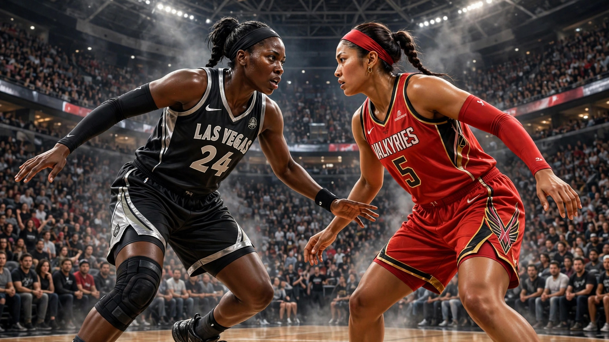 Illustration of a Las Vegas Aces player and a Golden State Valkyries player facing off in a playoff game