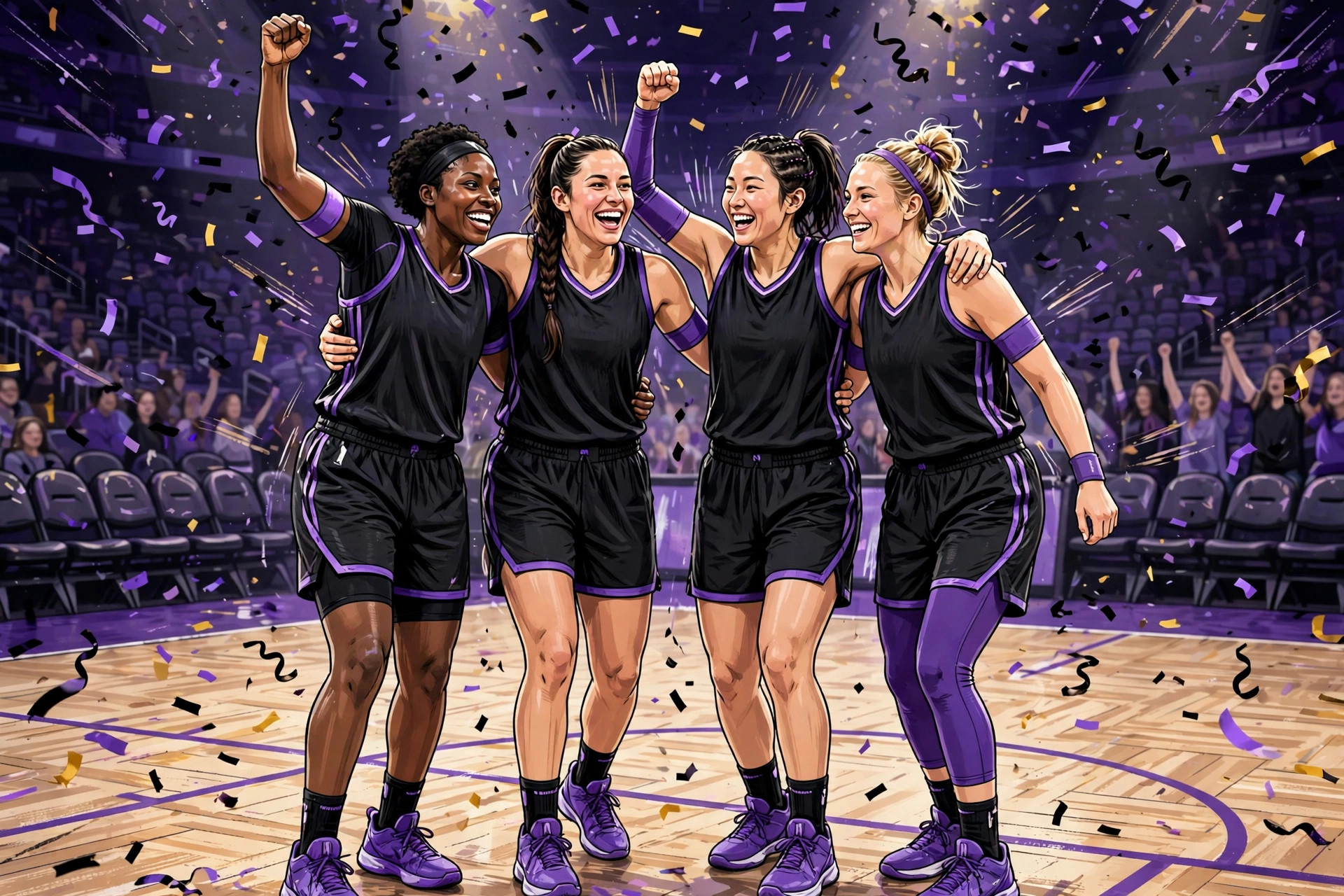 Golden State Valkyries celebrate a WNBA Finals Game 4 win in Atlanta