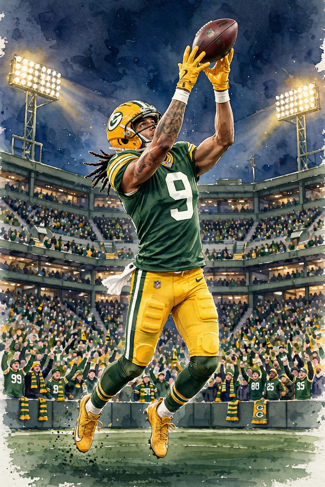Green Bay Packers receiver Christian Watson making a leaping catch at Lambeau Field