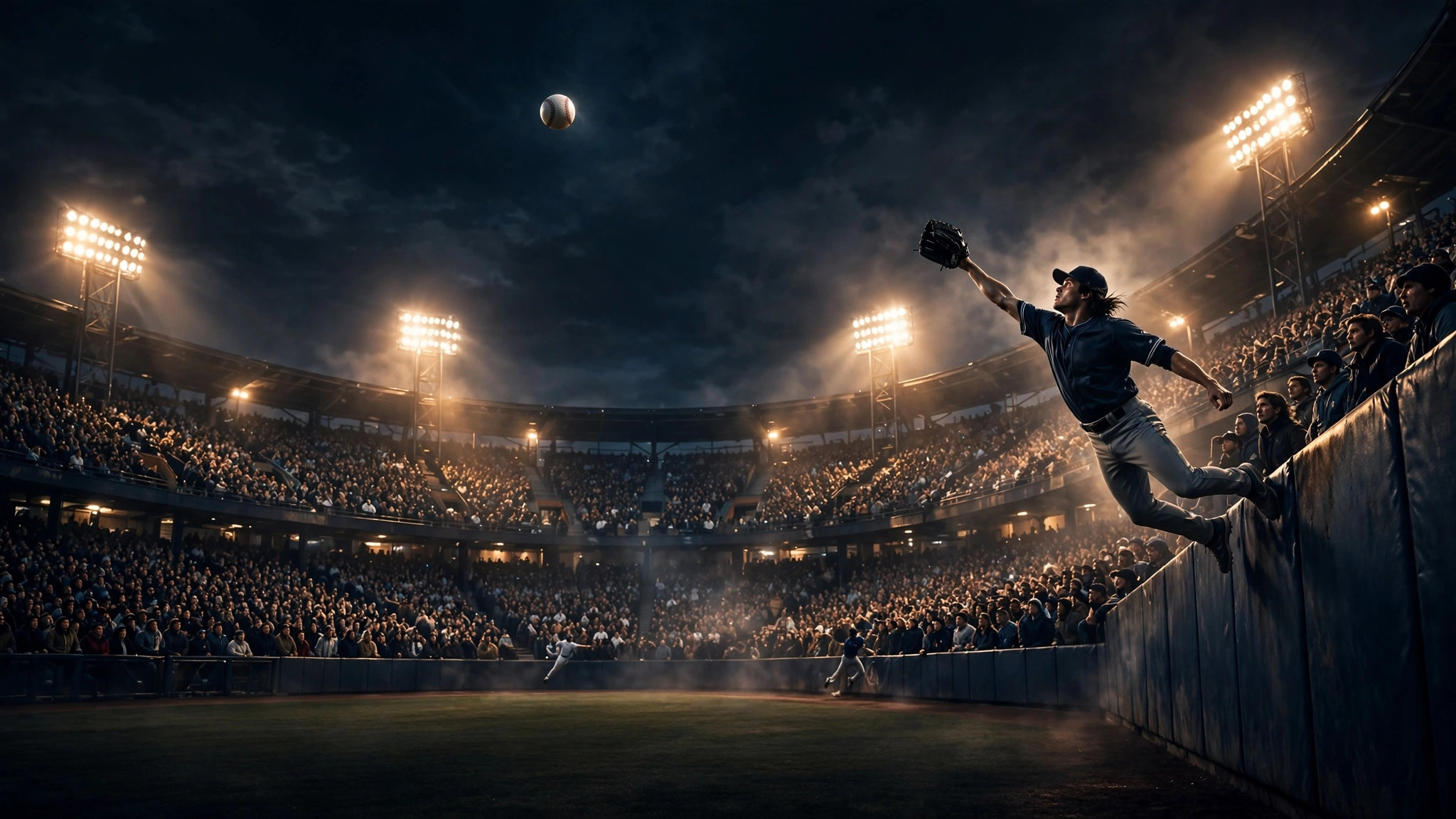 Illustration of a baseball flying over a packed night playoff stadium