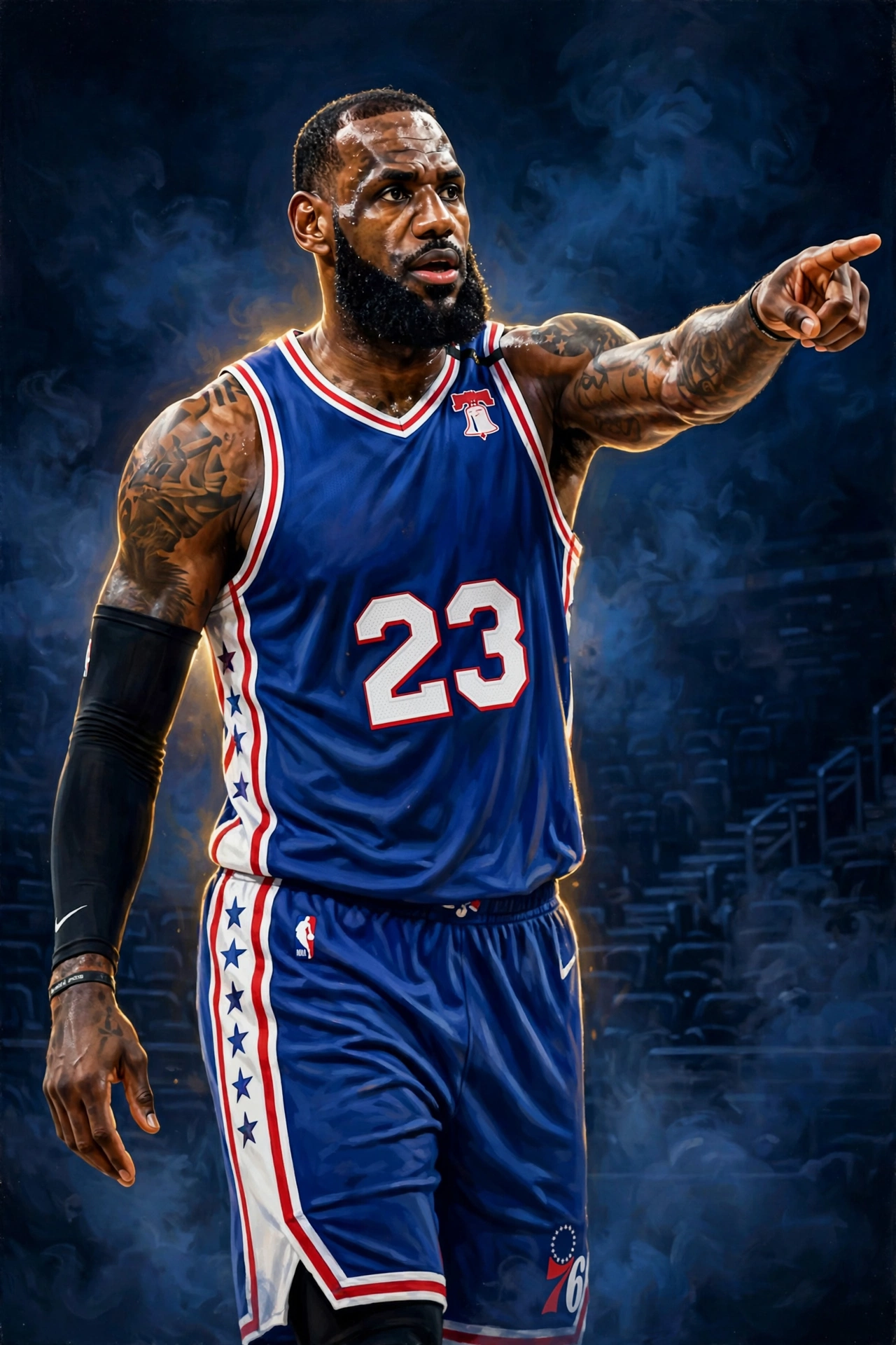 Illustration of LeBron James in a Philadelphia 76ers uniform