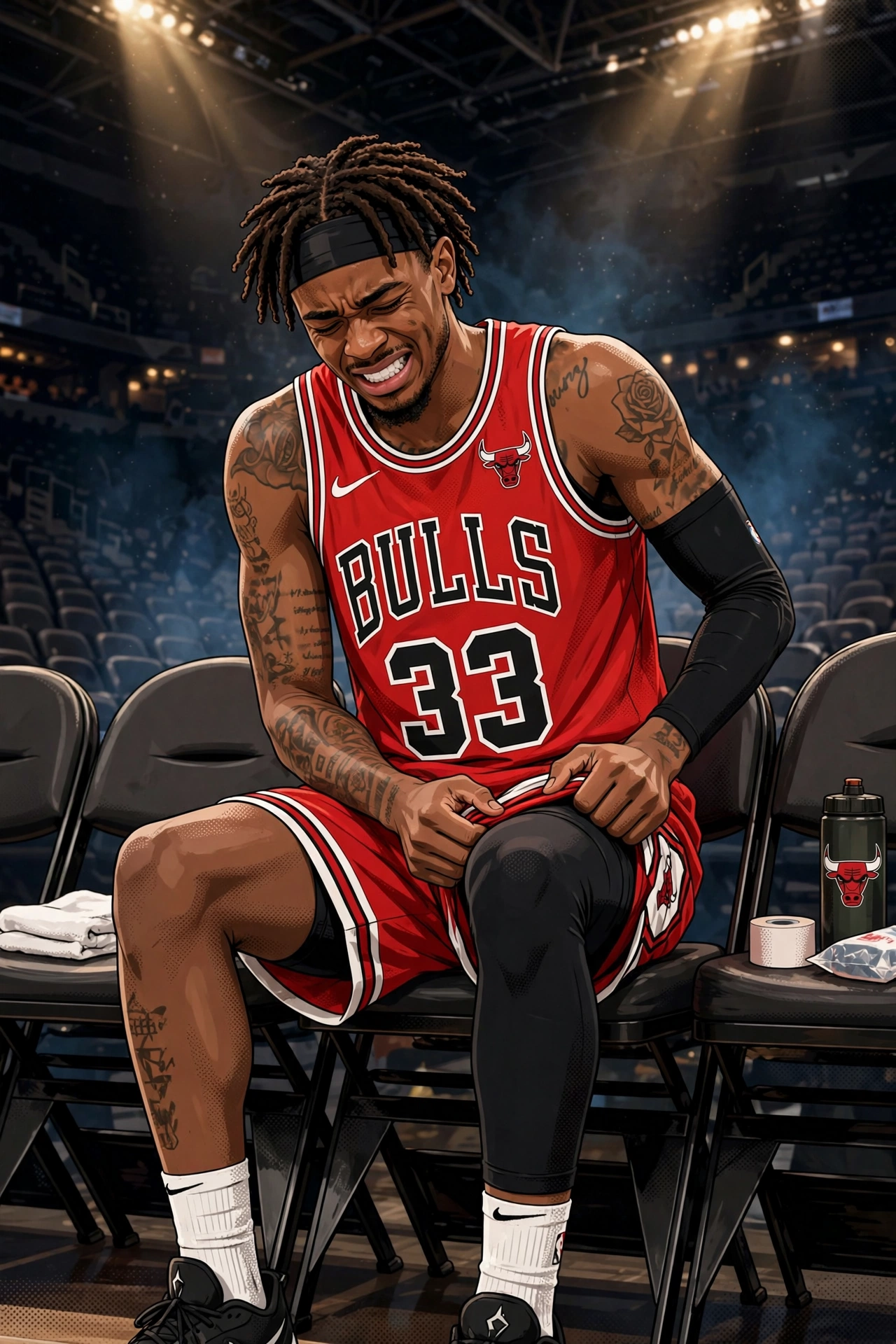 Illustration of Chicago Bulls center Nic Claxton in a red Bulls jersey on the bench, grabbing at his hamstring.