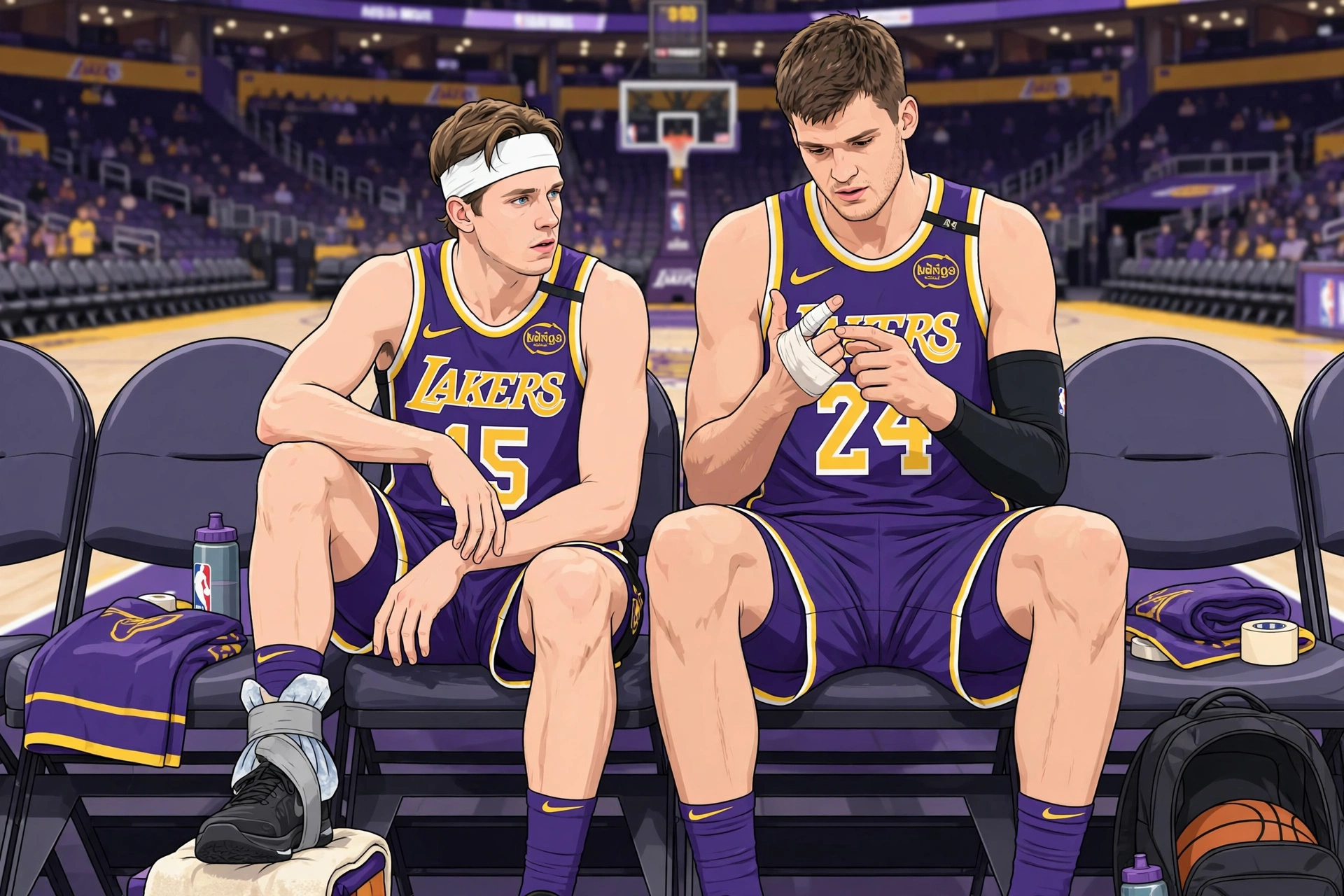 Illustration of Lakers guard Austin Reaves with ice on his ankle and center Walker Kessler holding his jammed finger on the bench.